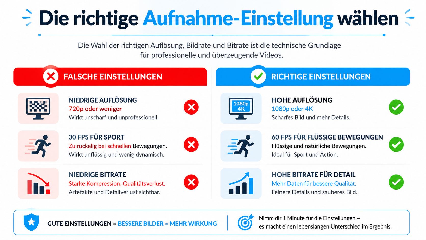 Infografik zur Wahl der richtigen Aufnahmeeinstellungen für professionelle Videoqualität mit Tipps zu Auflösung, Bildrate und Bitrate.