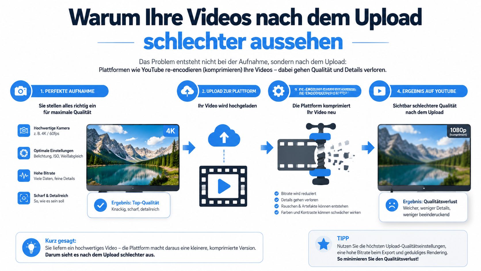 Infografik erklärt, warum die Videoqualität nach dem Hochladen auf Plattformen wie YouTube durch Komprimierung abnimmt.