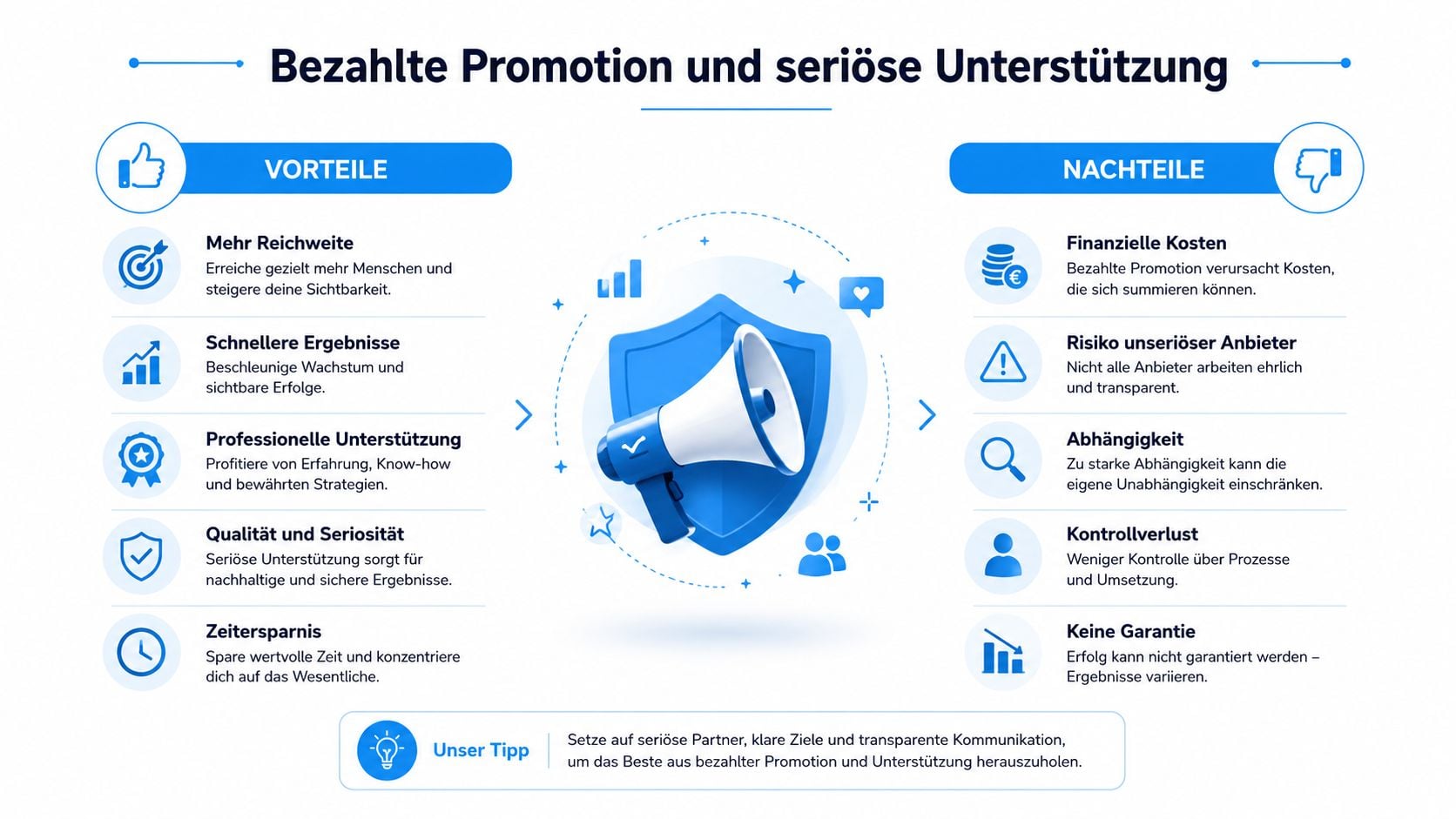 Grafik über die Vor- und Nachteile von bezahlter Promotion und professioneller Unterstützung für Online-Marketing-Strategien.