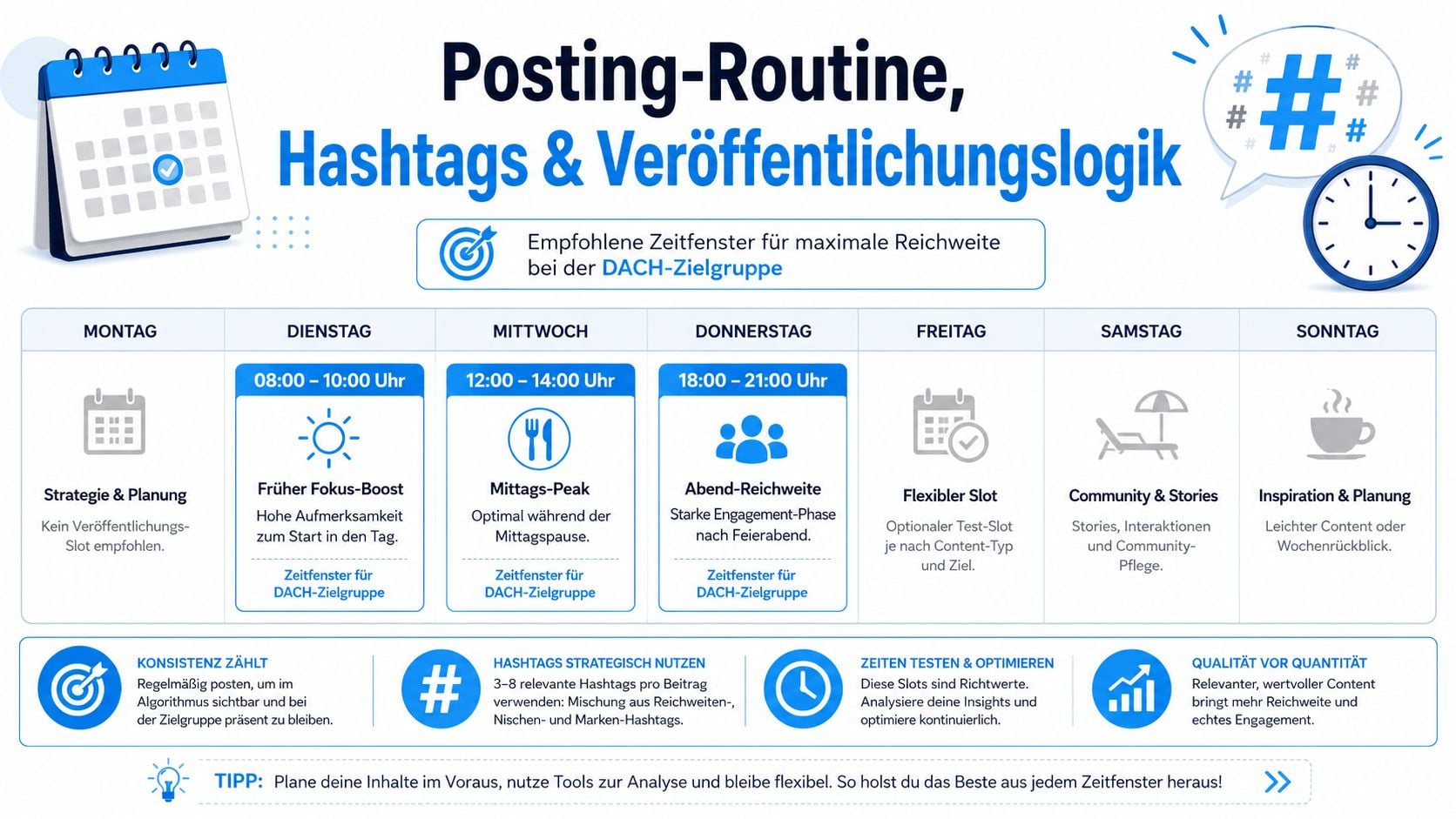 Eine Infografik mit Tipps für optimale Posting-Zeiten, Hashtag-Strategien und Konsistenz für maximale Reichweite in der DACH-Region.