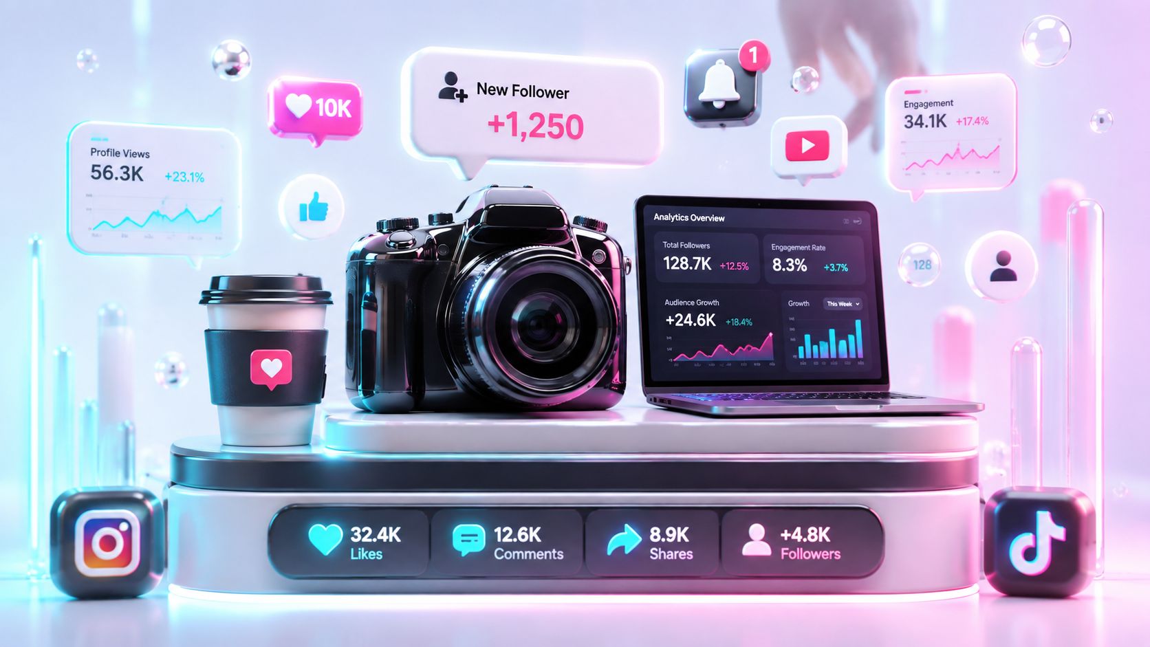 Eine Kamera und ein Laptop auf einem Podium mit digitalen Symbolen für Social Media Analytics und Wachstum.