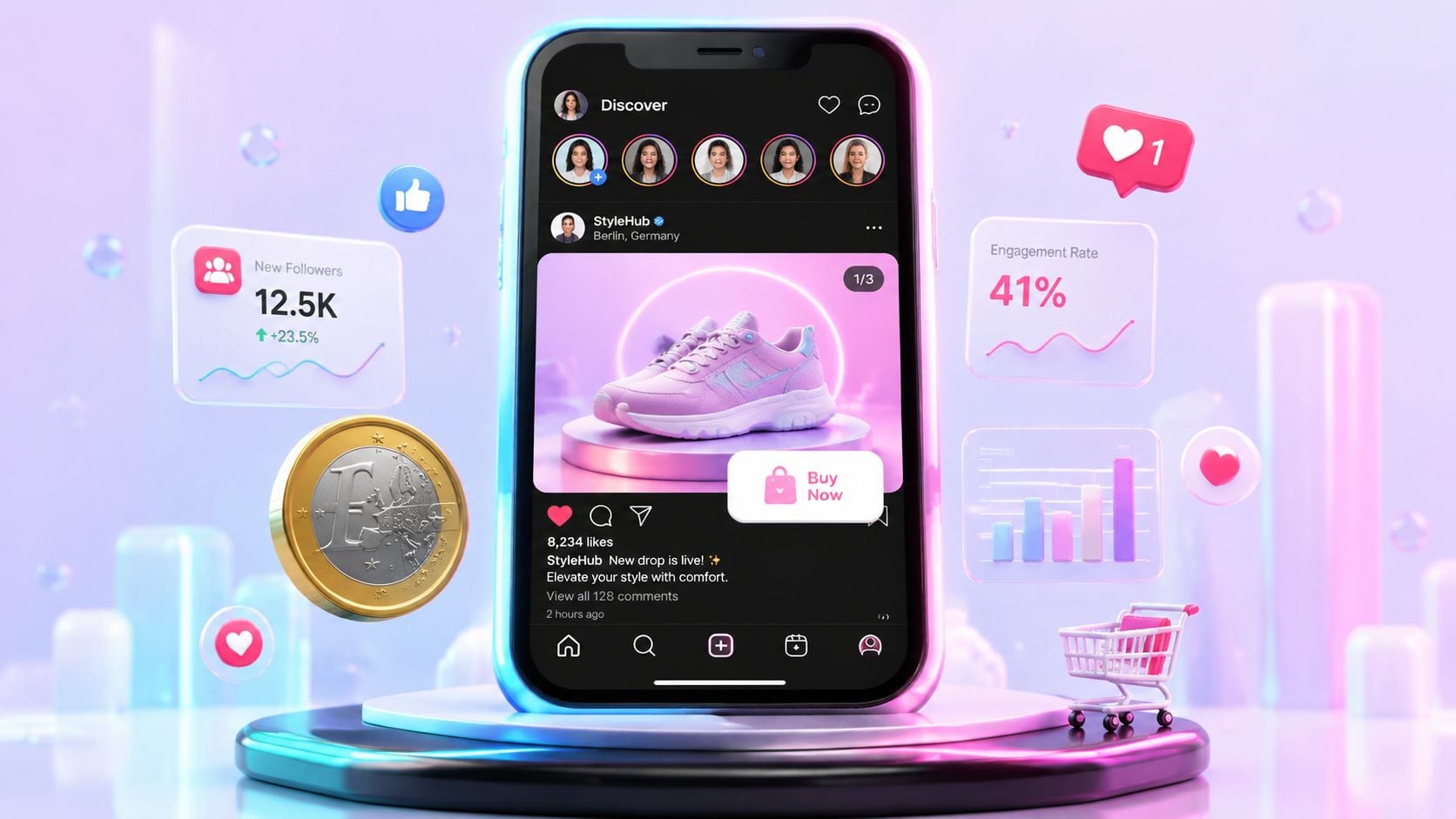 Ein Smartphone zeigt eine Social-Media-App mit Analyse-Daten, Gewinn-Symbolen und einem Produktbild für erfolgreiches digitales Marketing.