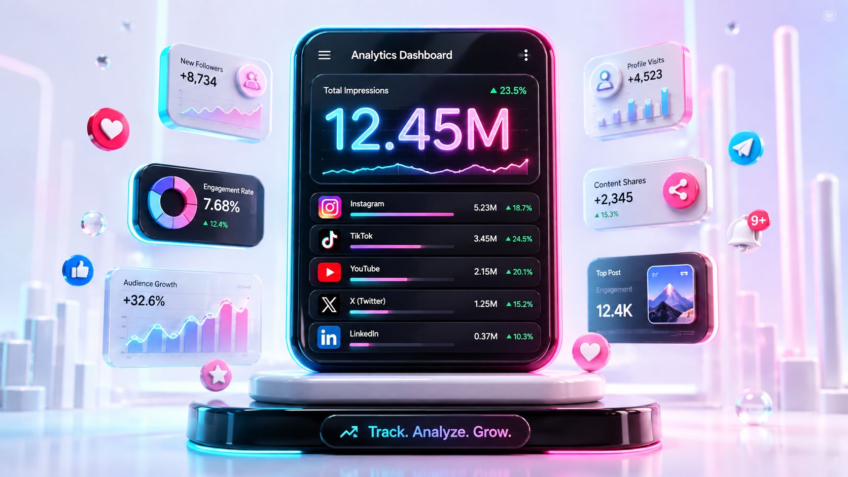 Ein neonfarbenes 3D-Analytics-Dashboard zeigt beeindruckende Social-Media-Statistiken, Wachstumsraten und Engagement-Daten auf einer modernen, futuristischen Plattform.