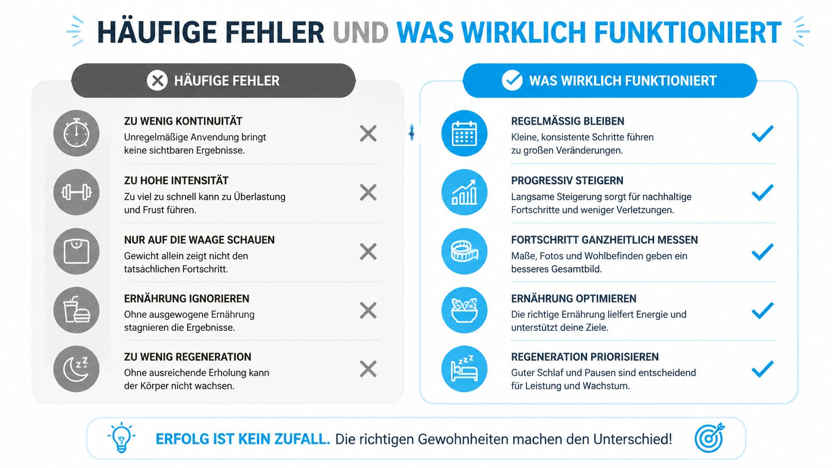 Eine Infografik, die häufige Fehler beim Training und die effektivsten Strategien für langfristigen Erfolg gegenüberstellt.