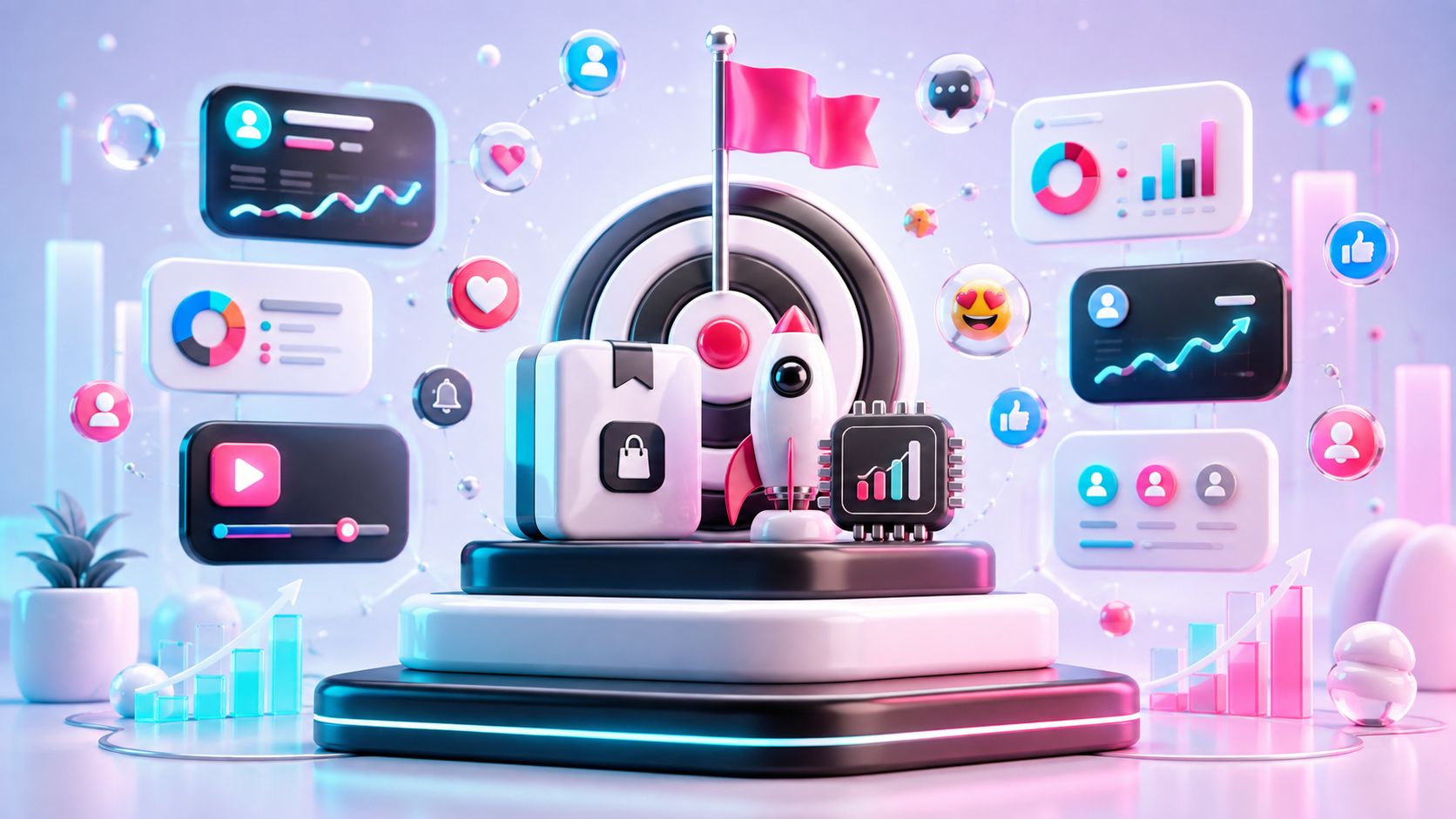 Eine 3D-Illustration mit digitalen Symbolen, einer Rakete und einem Ziel, die Geschäftswachstum und Marketingstrategien symbolisiert.