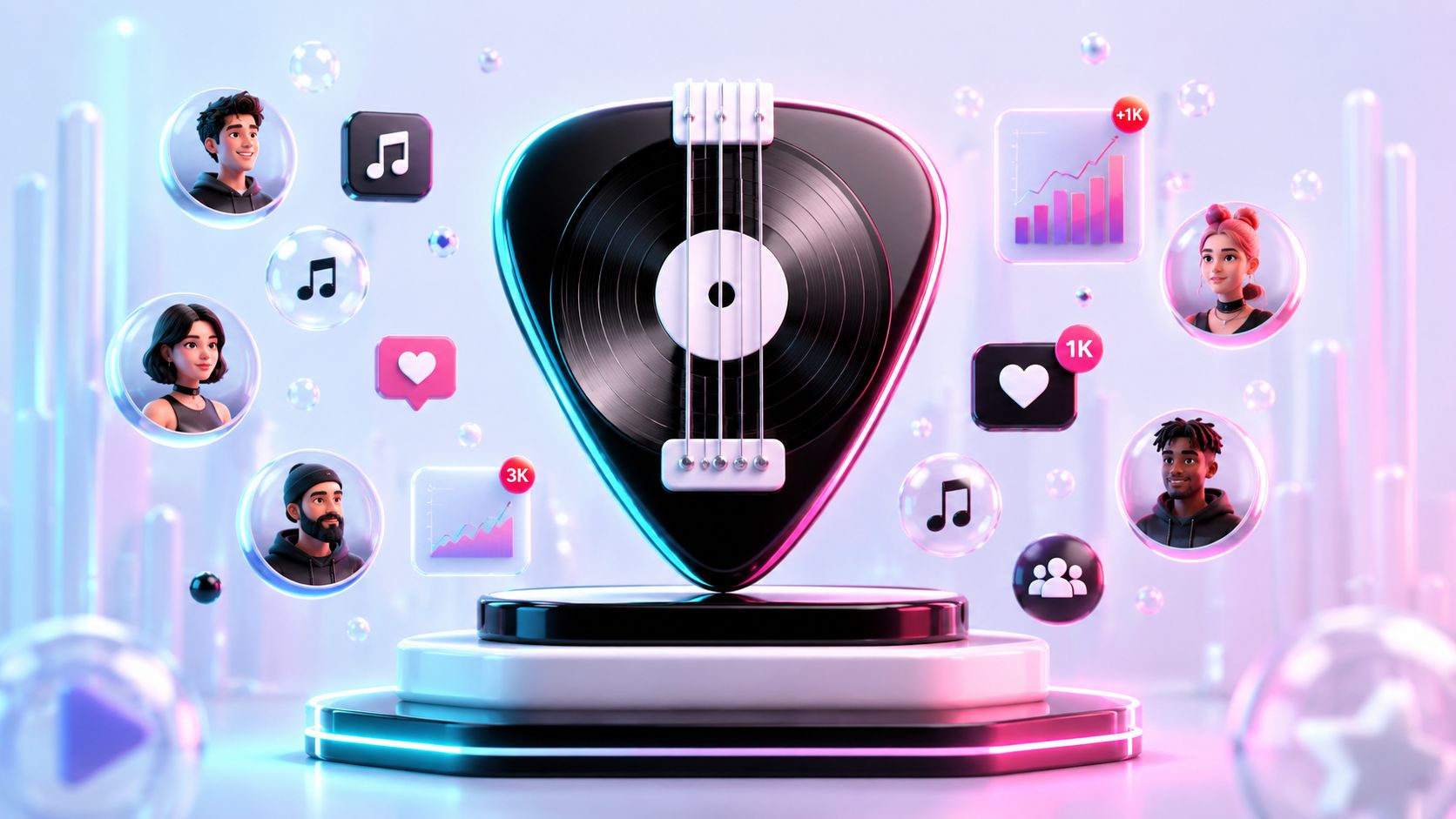Ein 3D-Illustrationsbild eines Gitarrenplektrums mit einer Schallplatte, umgeben von digitalen Social-Media-Symbolen und Benutzer-Avataren vor einem Hintergrund.