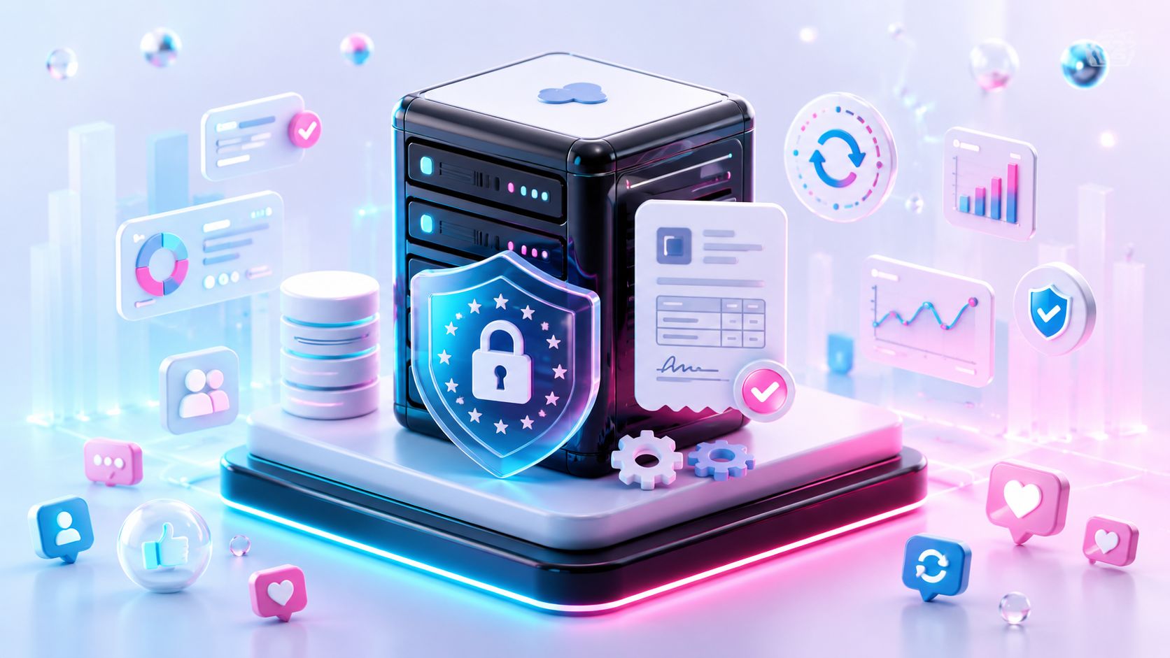 Ein abstraktes, digitales 3D-Symbol für Serversicherheit, Schutz und Cloud-Datenverwaltung in einer modernen technologischen Umgebung.