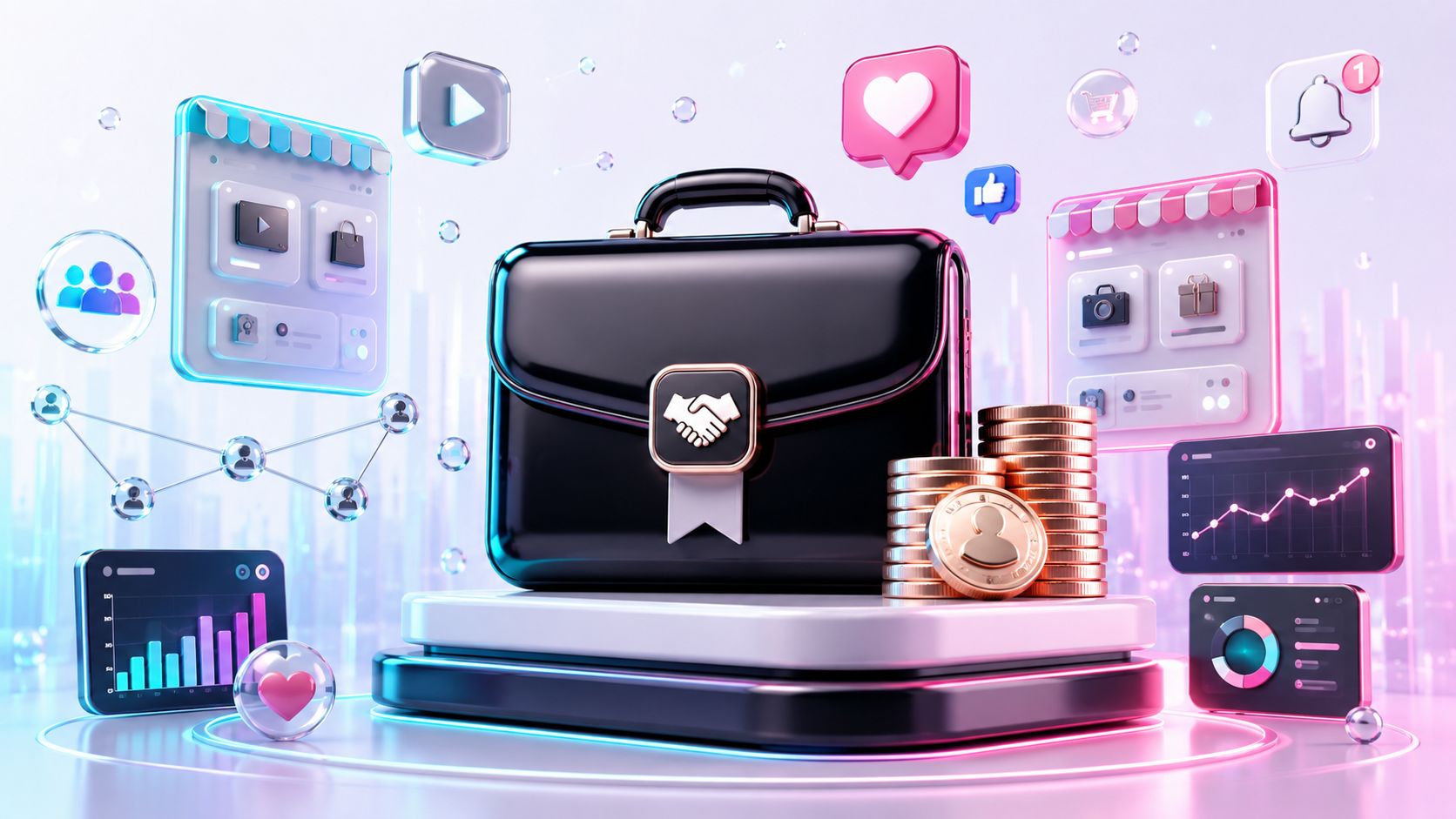 Eine schwarze Aktentasche mit Handschlag-Symbol, umgeben von digitalen Business-Icons, Finanzdiagrammen und Goldmünzen vor einem futuristischen Hintergrund.