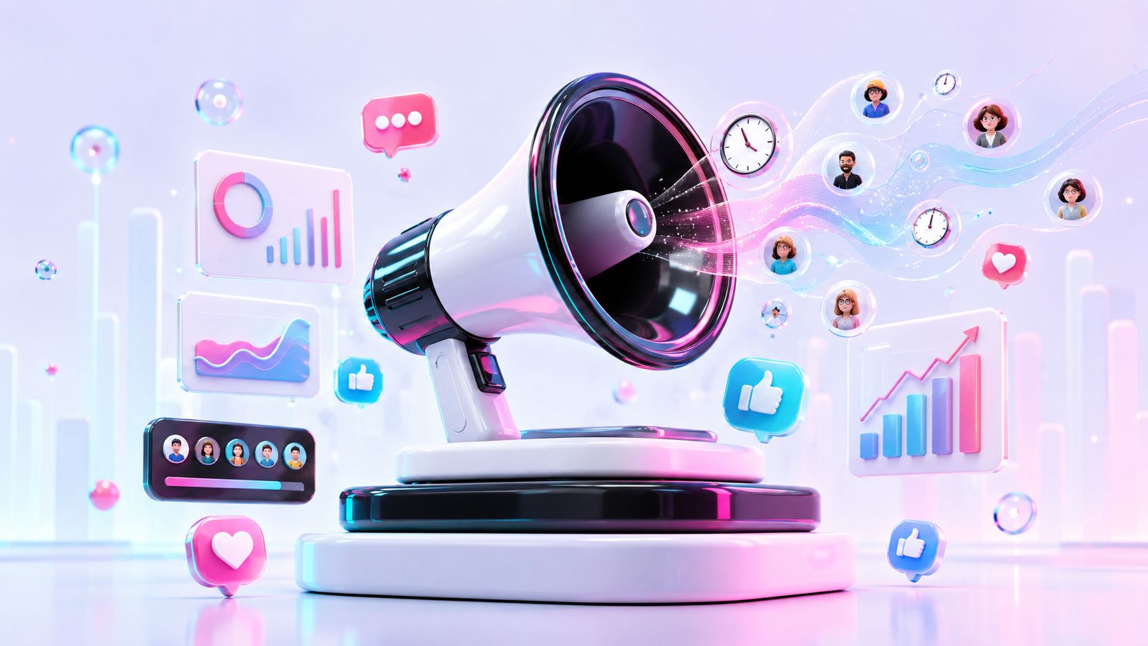 Ein 3D-Megaphon umgeben von digitalen Social-Media-Symbolen, Diagrammen und Nutzerprofilen auf einem hellen, futuristischen Hintergrund.