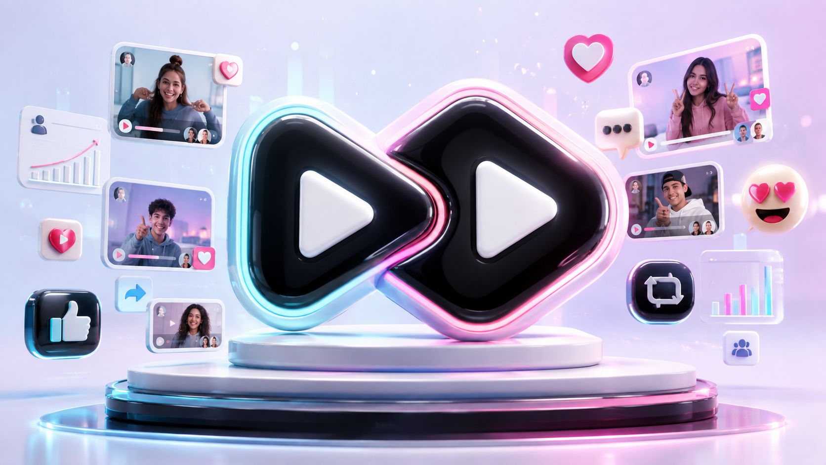 Ein 3D-Symbol mit Videowiedergabe-Tasten, umgeben von schwebenden Social-Media-Profilen, Herz-Emojis und Analysedaten auf einem hellen Hintergrund.