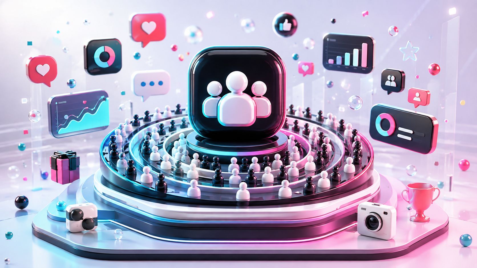 Ein abstraktes 3D-Konzept über soziales Wachstum, Community-Management und virale Trends in digitalen sozialen Medien dargestellt.