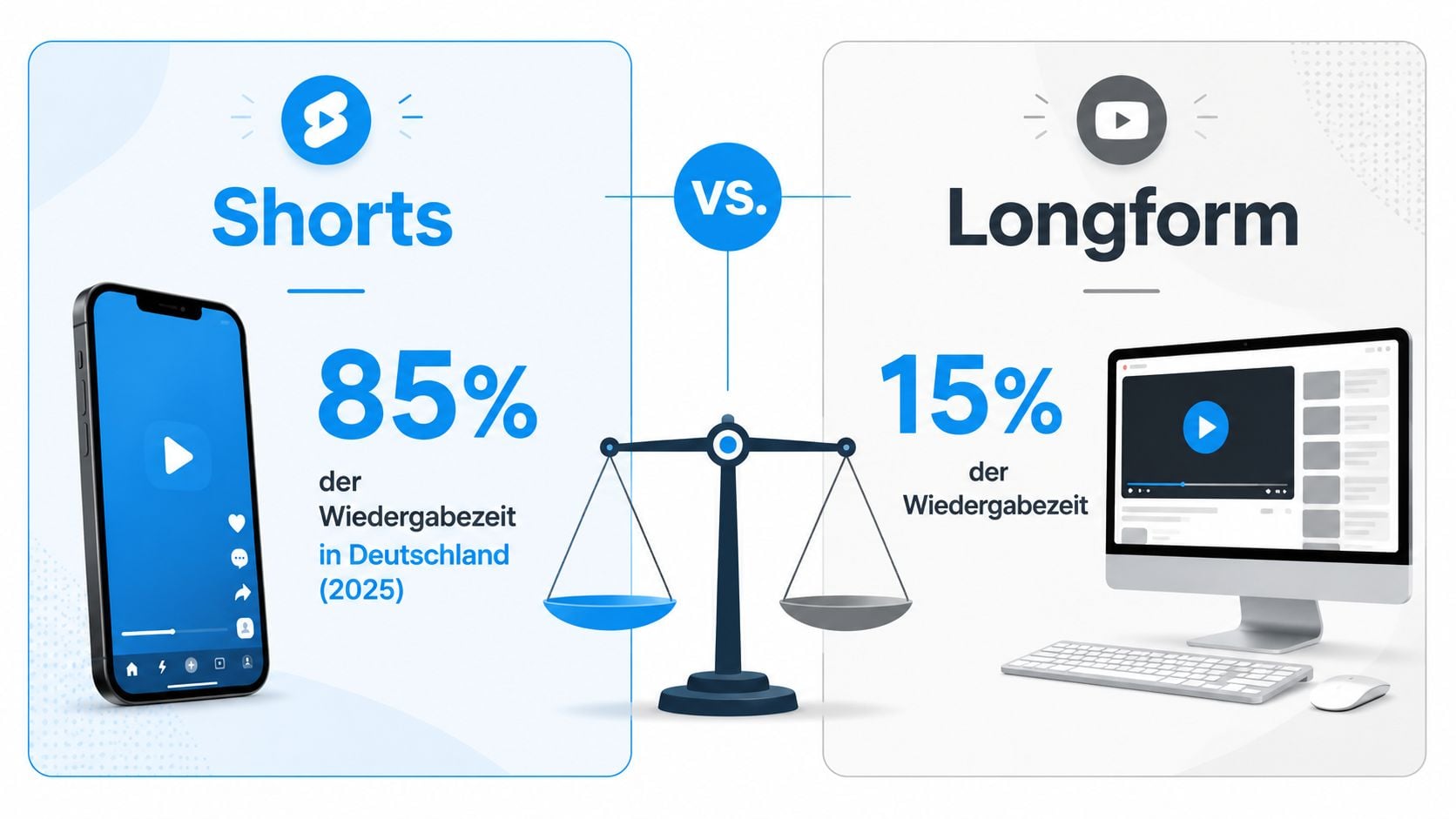 Eine Grafik vergleicht die Wiedergabezeit von YouTube Shorts und Longform-Videos in Deutschland für das Jahr 2025.