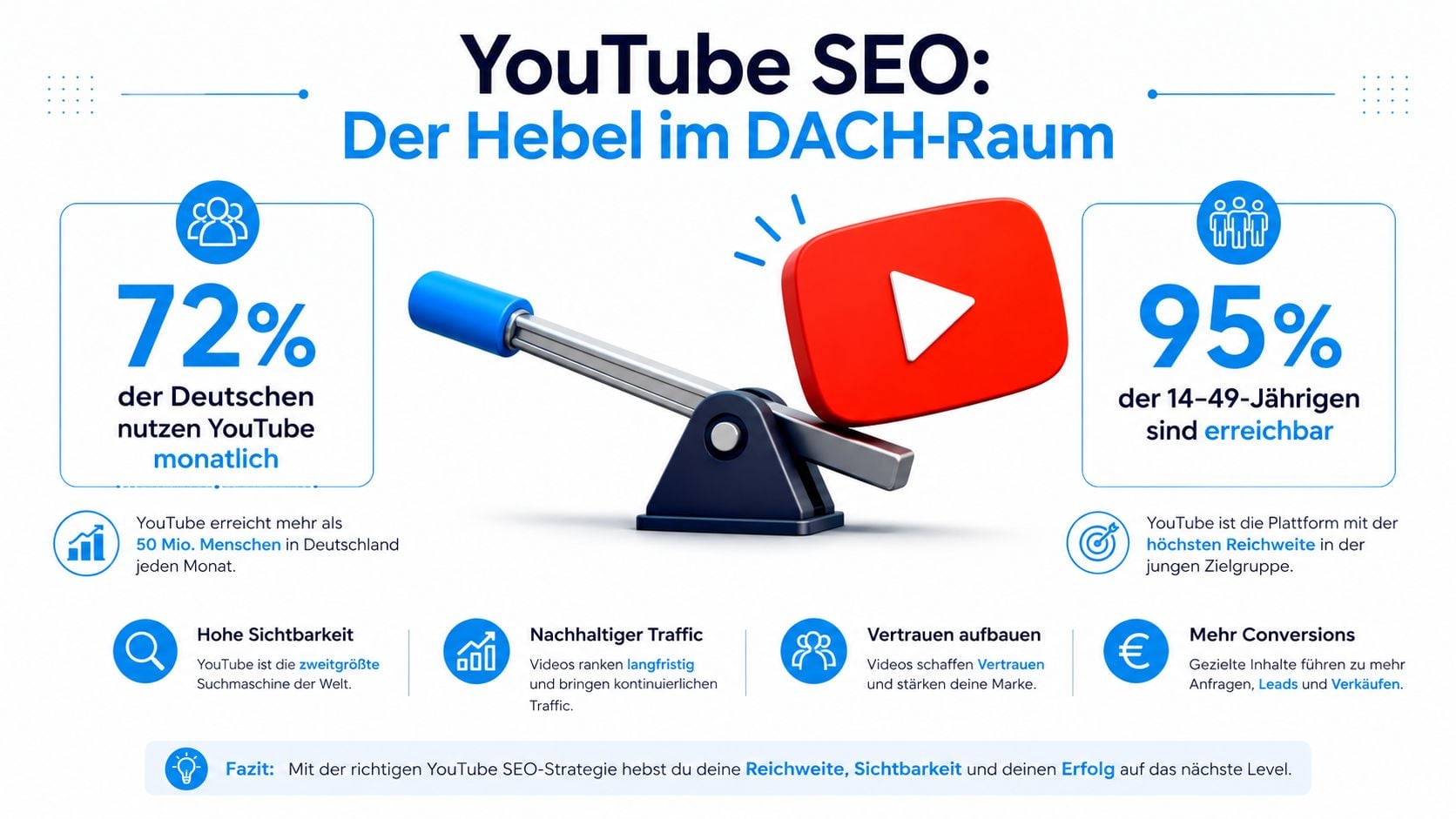 Eine Infografik über die Vorteile von YouTube SEO zur Steigerung von Reichweite, Vertrauen und Conversions im DACH-Raum.