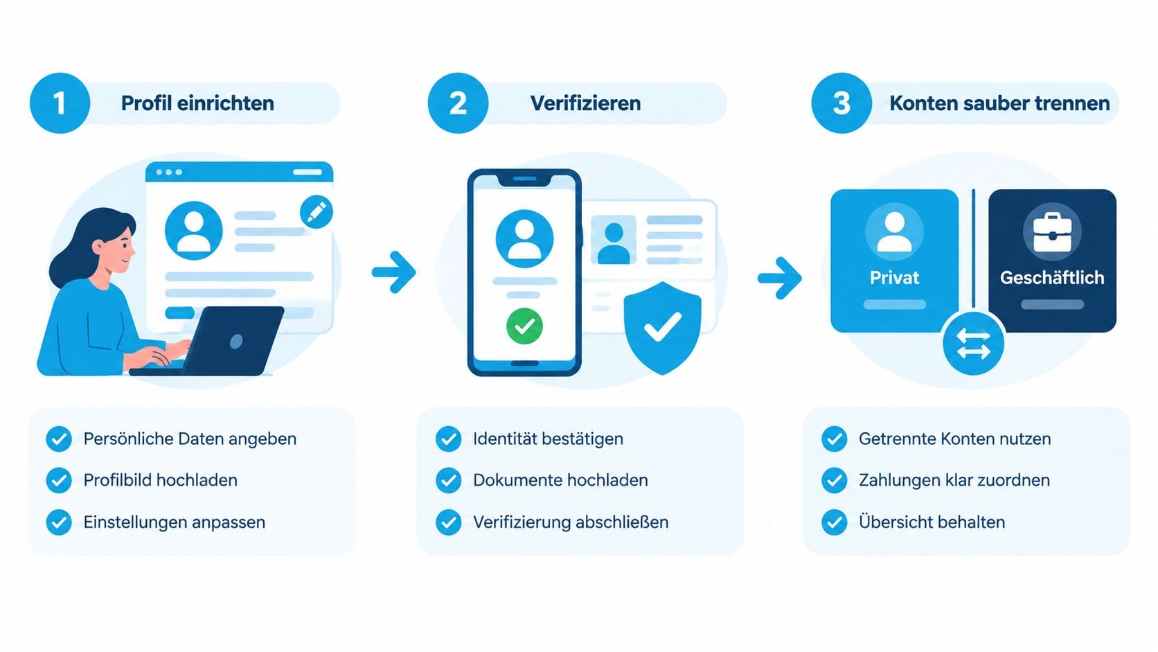 Eine dreistufige Infografik zeigt den Prozess zur Einrichtung und Verifizierung eines neuen Kontos sowie der Kontentrennung.