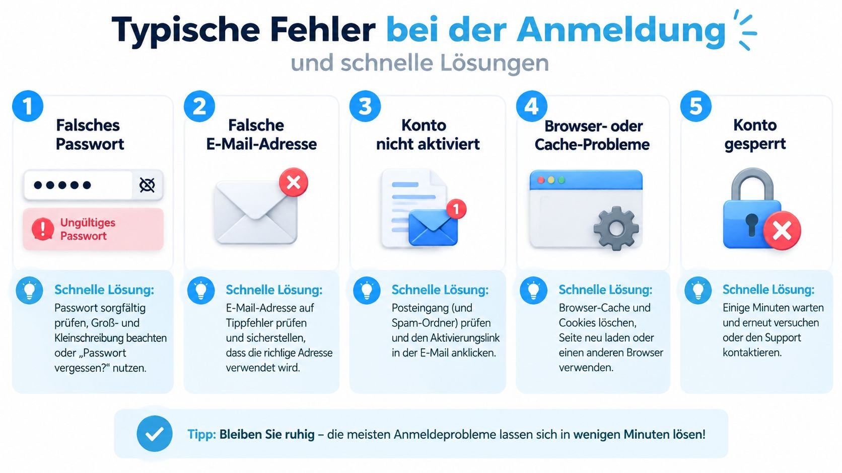 Eine hilfreiche Infografik über fünf häufige Probleme bei der Kontoanmeldung und deren einfache, schnelle Lösungen.