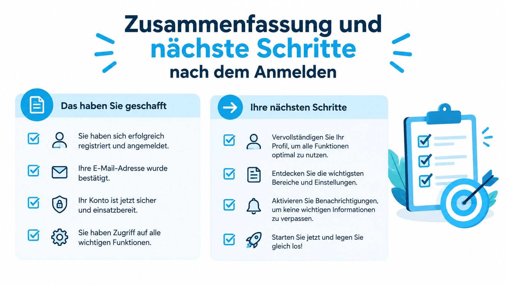 Eine Infografik mit Zusammenfassung und nächsten Schritten nach der erfolgreichen Registrierung und Anmeldung für ein neues Konto.