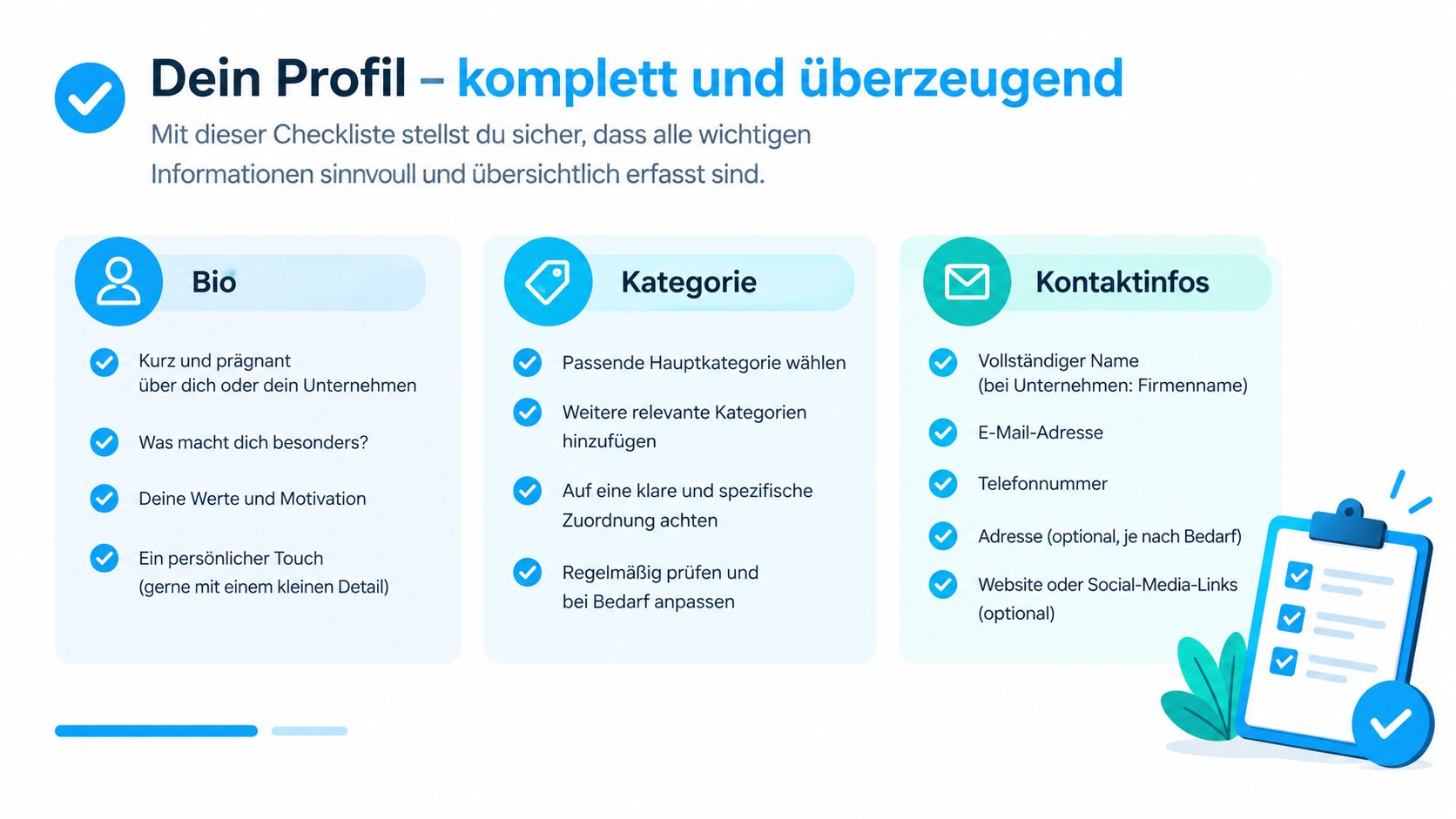 Eine informative Checkliste auf Deutsch, die Tipps für ein vollständiges und überzeugendes Social-Media-Profil gibt.