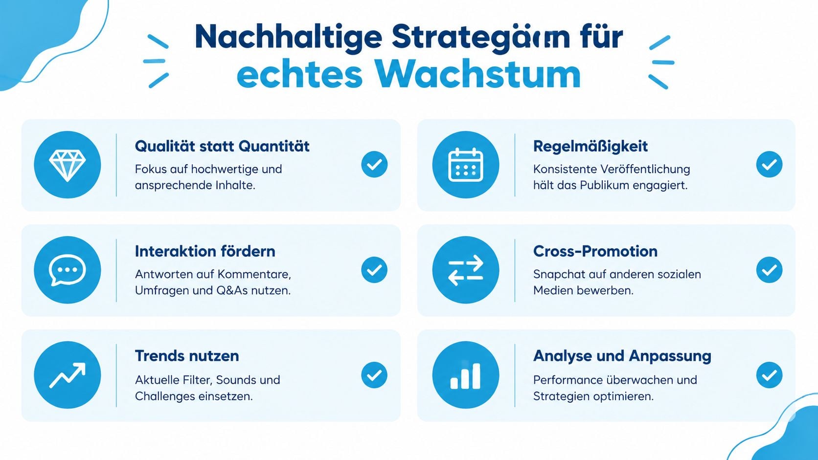 Eine Infografik mit sechs Tipps für eine nachhaltige Wachstumsstrategie für soziale Medien wie Snapchat.