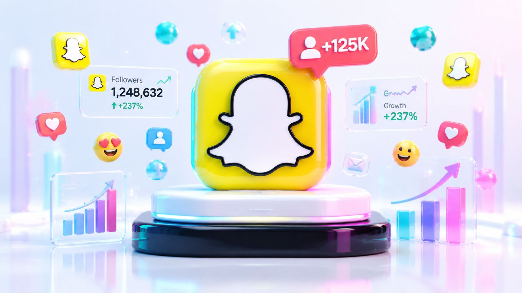 Ein dreidimensionales Snapchat-Logo auf einem Podest umgeben von verschiedenen digitalen Statistiken, Social-Media-Symbolen und Wachstumsgrafiken im 3D-Stil.