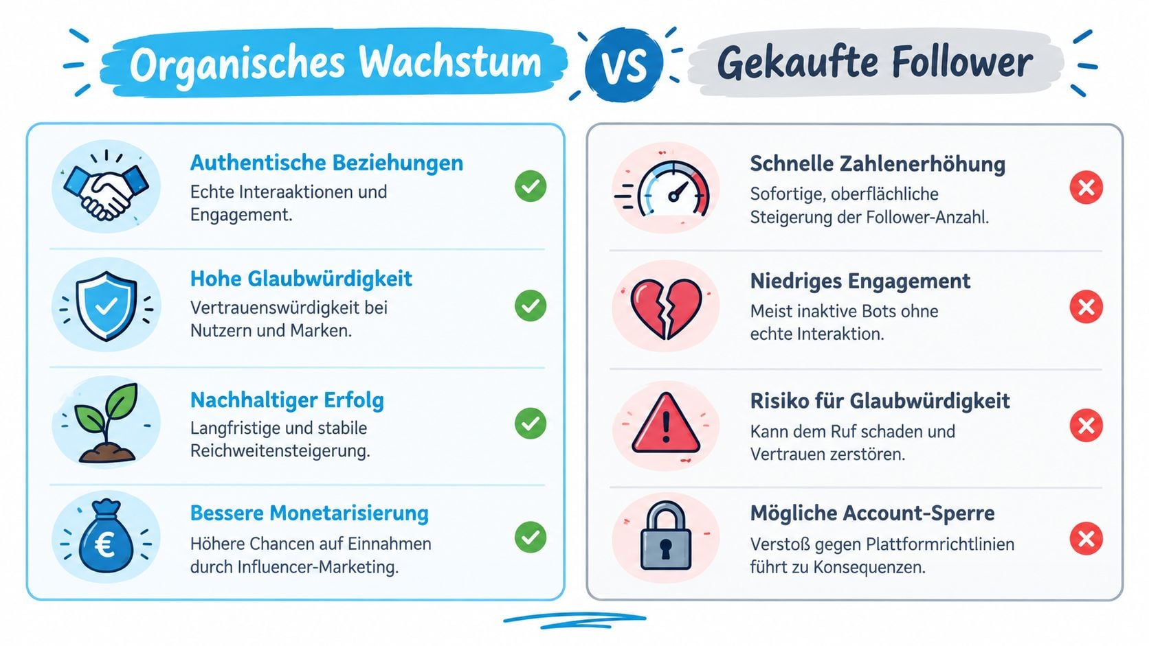 Vergleichsgrafik zwischen organischem Follower-Wachstum und dem Kaufen von Followern mit Vor- und Nachteilen.