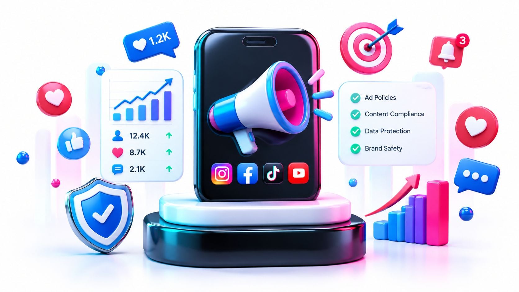 Ein Smartphone zeigt Symbole sozialer Netzwerke, ein Megafon und Marketing-Analysen für digitales Wachstum auf weißem Hintergrund.