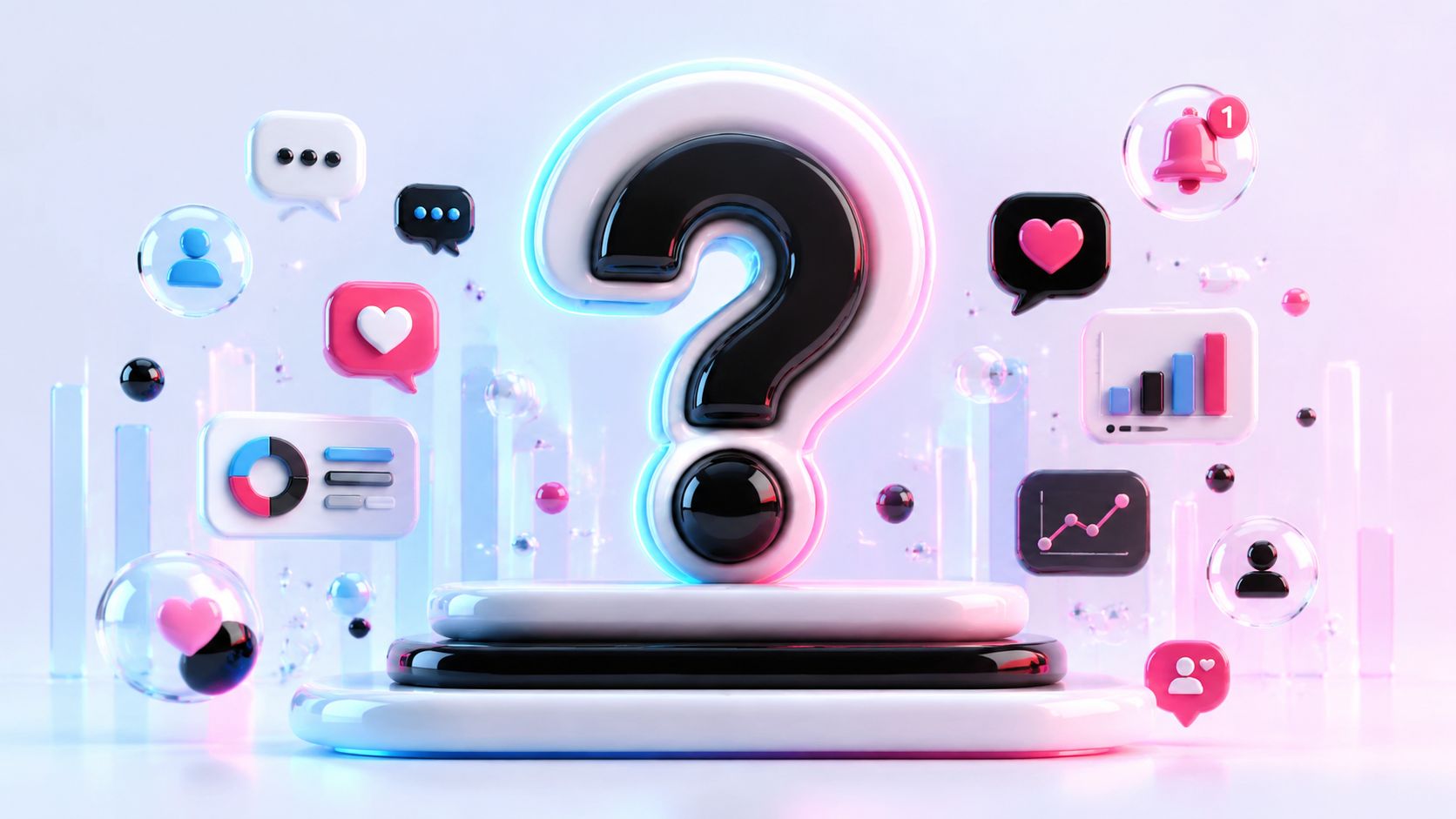 Ein großes 3D-Fragezeichen umgeben von verschiedenen digitalen Social-Media-Symbolen und Analyse-Icons auf einem glänzenden Podest.