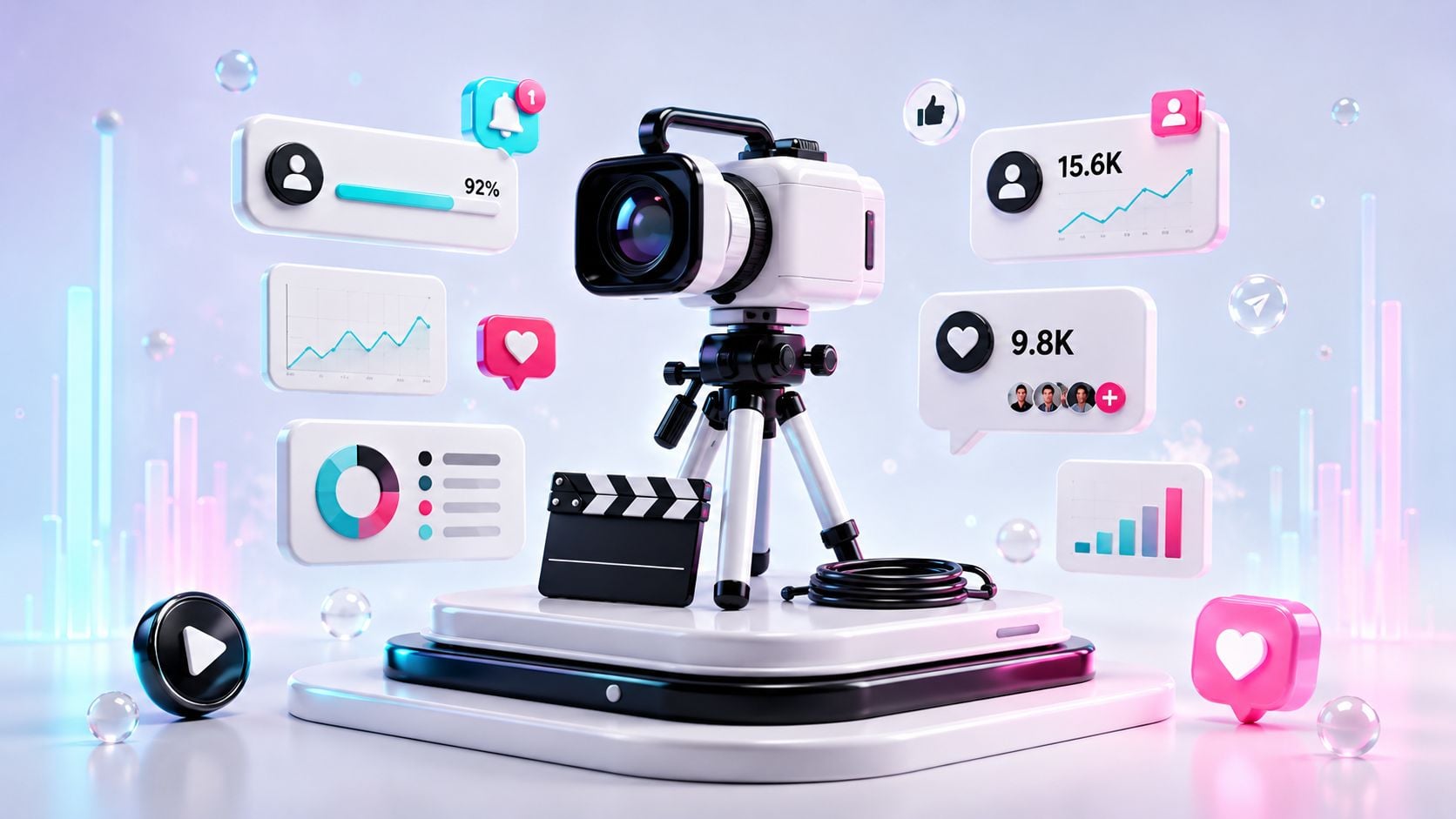 Eine 3D-Darstellung einer Kamera auf einem Stativ umgeben von verschiedenen digitalen Social-Media-Analyse-Icons und Grafiken.