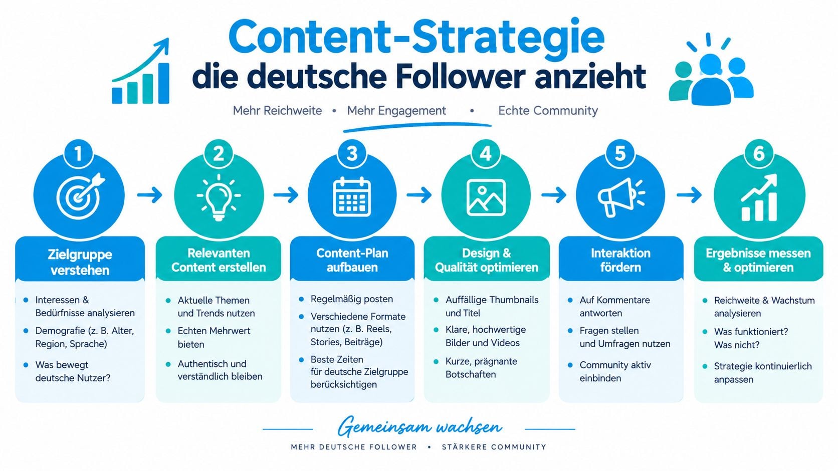 Eine sechs-schrittige Infografik zur Content-Strategie, um deutsche Follower zu gewinnen und eine aktive Community aufzubauen.
