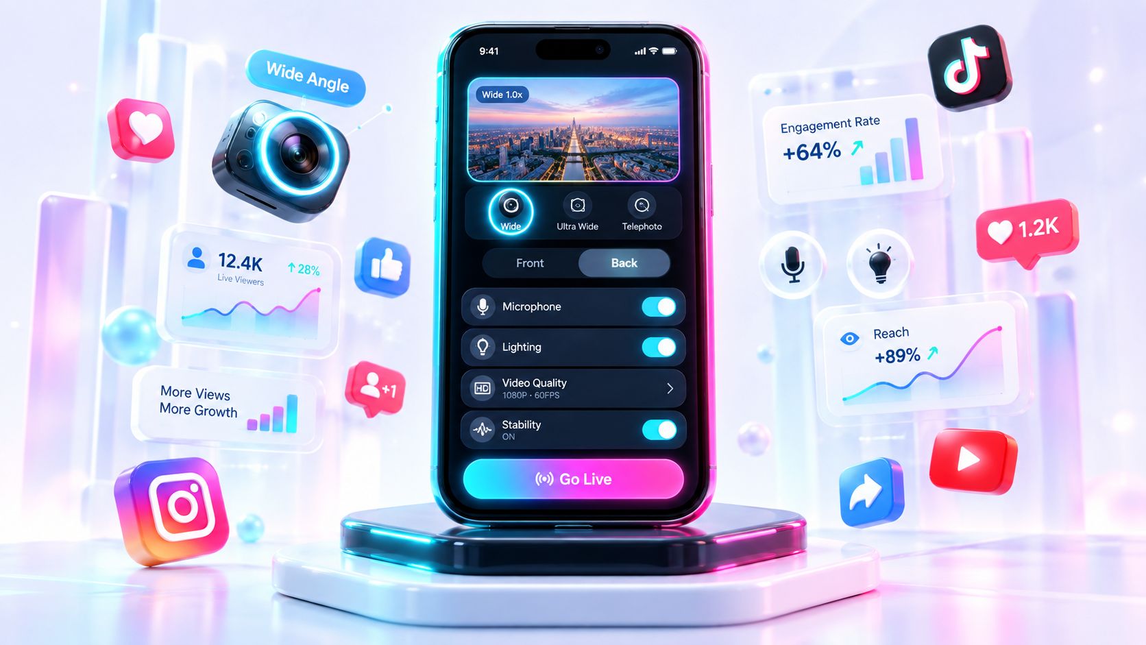 Ein Smartphone zeigt eine Live-Streaming-App-Oberfläche mit verschiedenen Einstellungen für Content-Ersteller in einer modernen digitalen Umgebung.