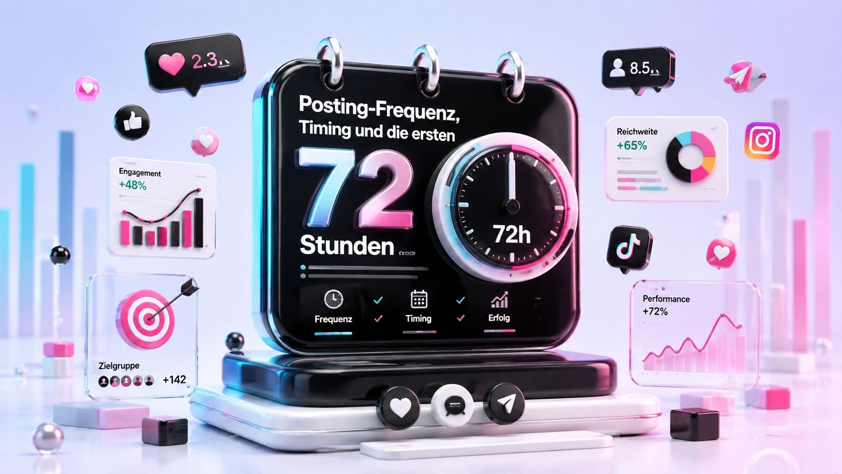 Ein digitales 3D-Display zeigt die Bedeutung der 72-Stunden-Regel für Posting-Frequenz, Timing und den Social-Media-Erfolg.