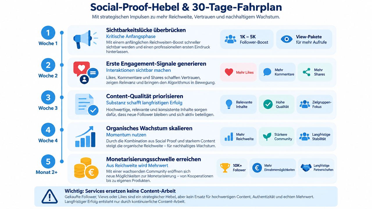 Eine Infografik zum 30-Tage-Fahrplan zur Steigerung der Social-Media-Reichweite durch strategischen Einsatz von Social Proof und Inhalten.