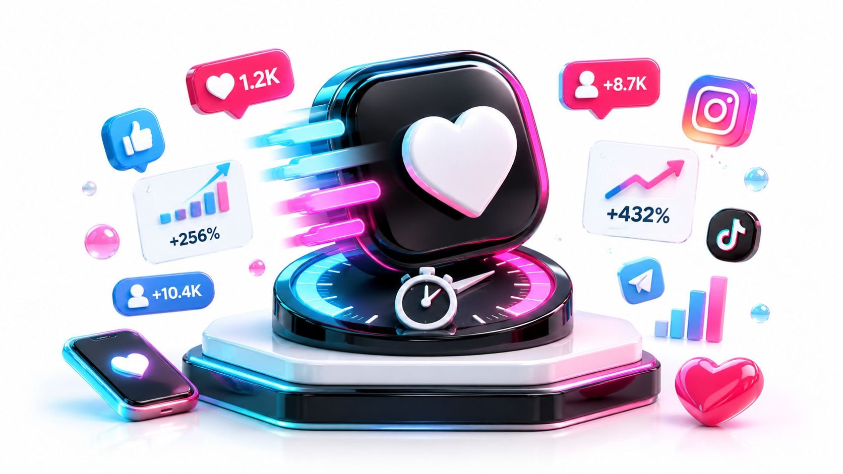 Eine 3D-Darstellung von Social-Media-Interaktionen mit Herzen, Statistiken und einem Timer auf einer glänzenden Plattform.
