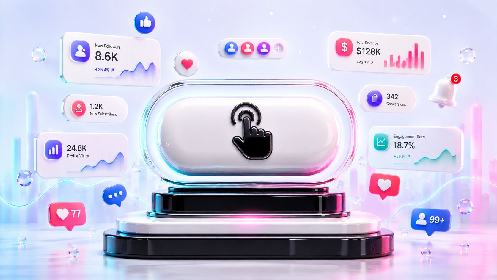 Ein 3D-Dashboard mit Analysedaten, Interaktionssymbolen und einer zentralen Klick-Taste für soziales Medien-Wachstum und Marketing.