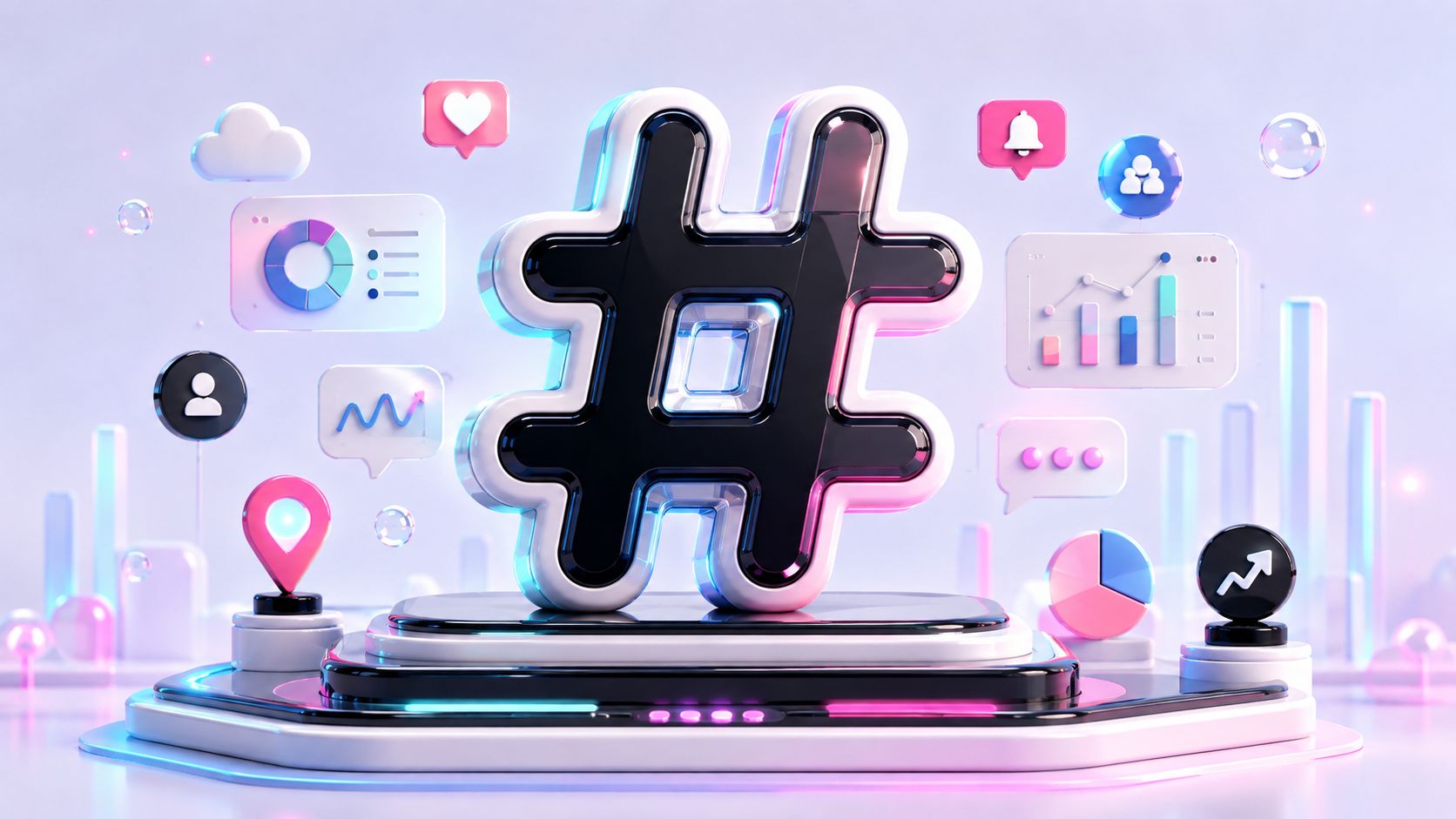 Ein großes, stilisiertes Hashtag-Symbol auf einem Podest, umgeben von digitalen Social-Media-Analytik-Icons und schwebenden Datengrafiken.