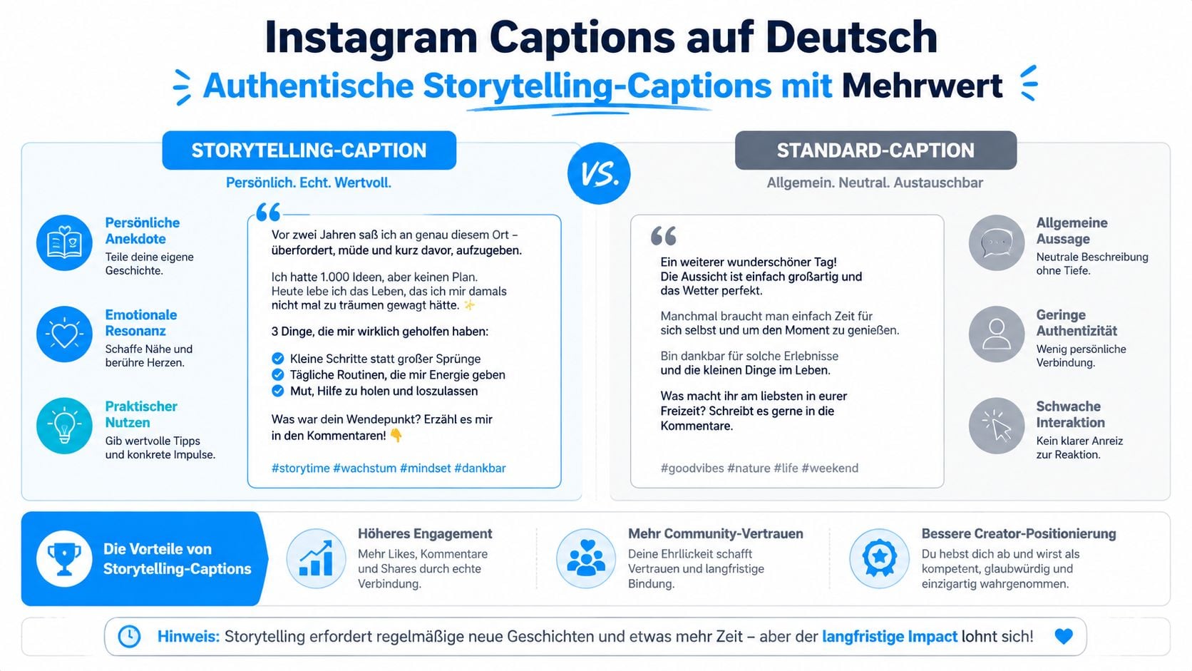 Infografik zum Vergleich von authentischen Storytelling-Captions und Standard-Captions für Instagram mit Tipps für mehr Community-Engagement.