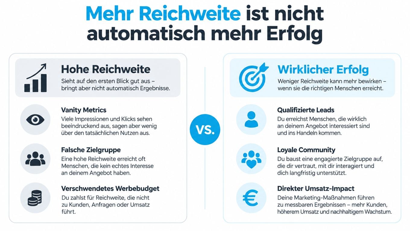 Grafik zum Vergleich zwischen hoher Reichweite und wirklichem Erfolg im Marketing mit erklärenden Unterpunkten.