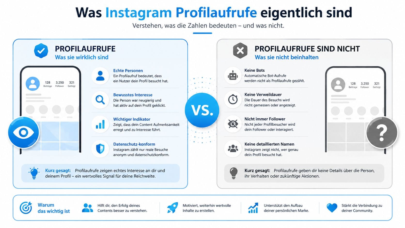 Eine Infografik, die erklärt, was Instagram Profilaufrufe bedeuten und welche Aspekte nicht in diese Statistik einfließen.