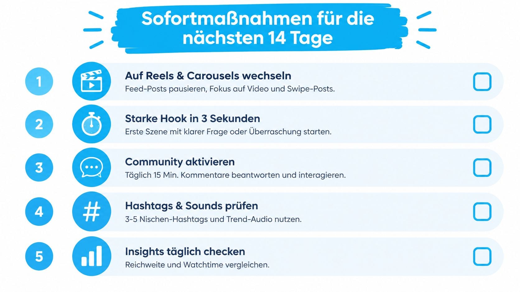 Eine Checkliste mit fünf Schritten zur Steigerung der Instagram-Reichweite innerhalb der nächsten 14 Tage.