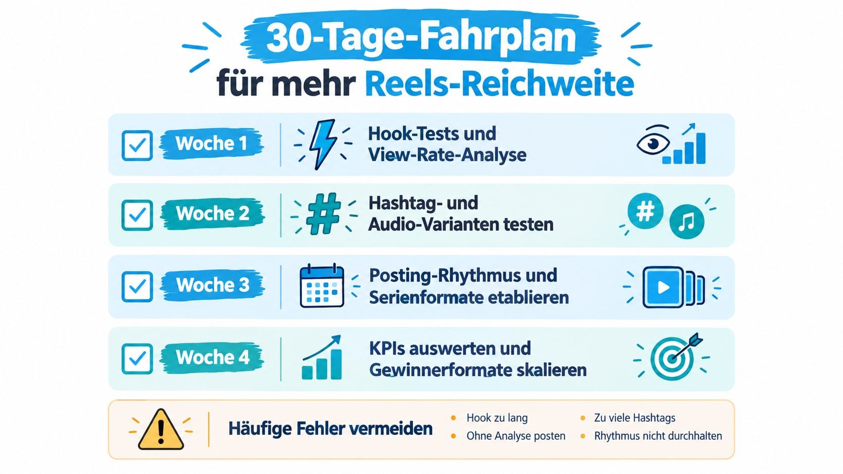 Ein 30-Tage-Fahrplan in vier Wochen zur Steigerung der Instagram Reels Reichweite mit Tipps und Fehlervermeidung.