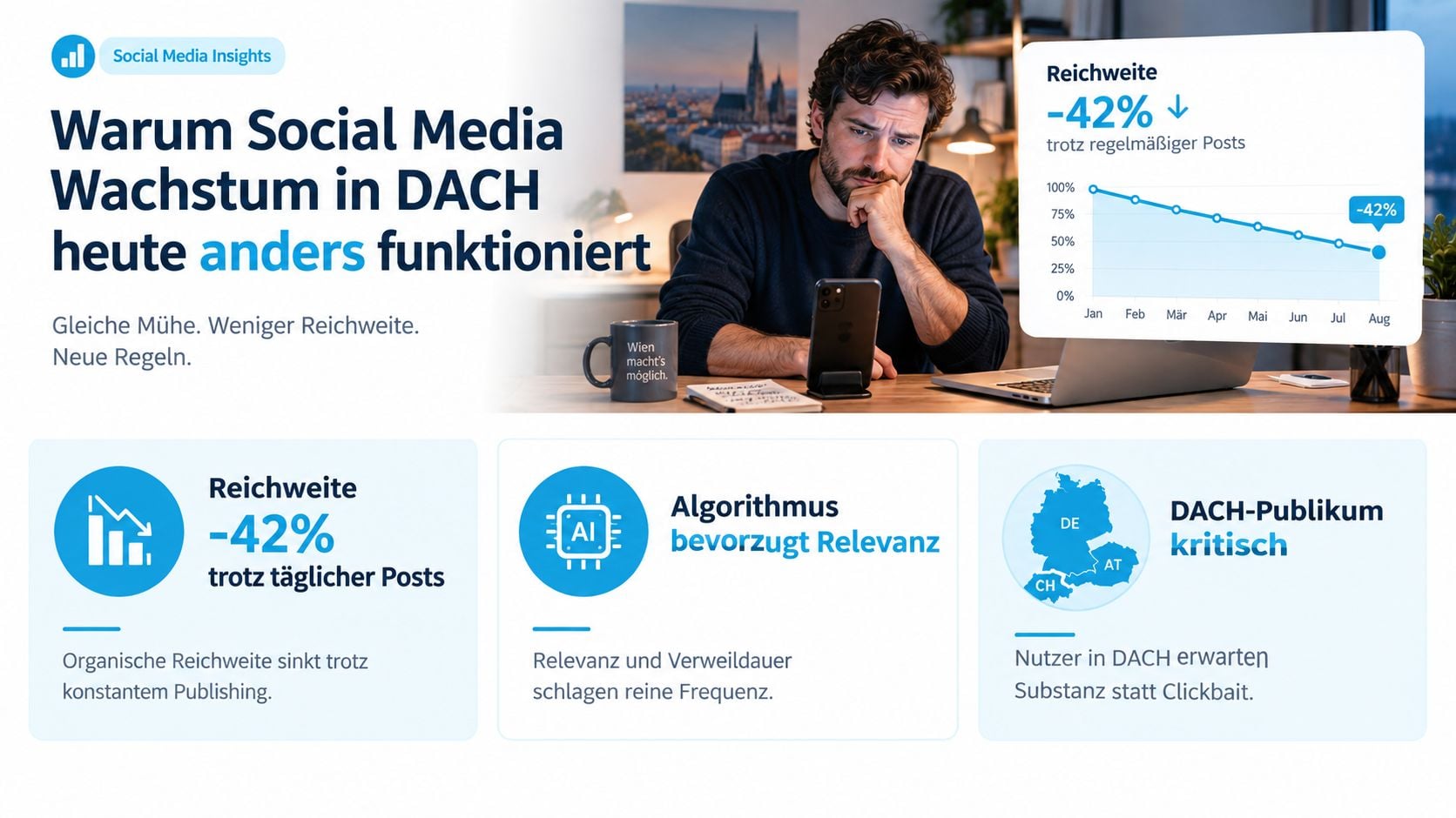 Eine Infografik erklärt, warum Social-Media-Reichweiten trotz regelmäßiger Beiträge im DACH-Raum aufgrund von Algorithmus-Änderungen sinken.