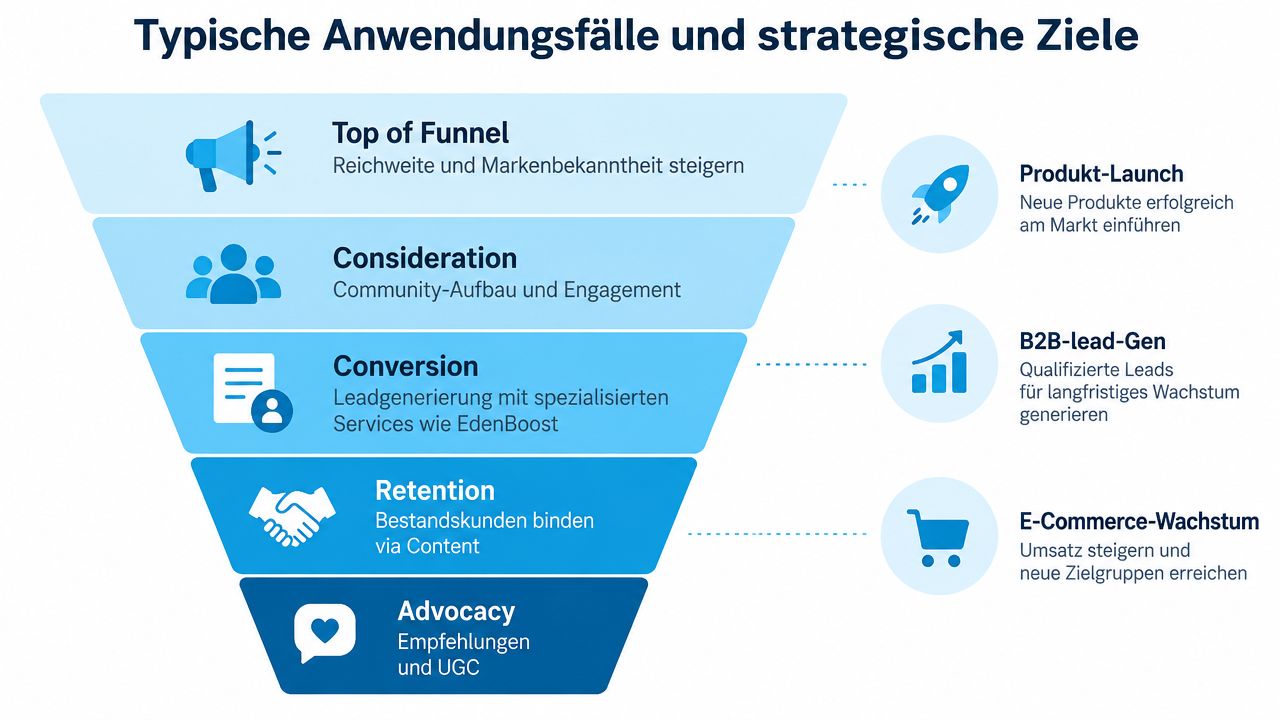 Ein Trichtermodell veranschaulicht typische Marketing-Phasen von der Markenbekanntheit bis zur Kundenempfehlung mit strategischen Unternehmenszielen.