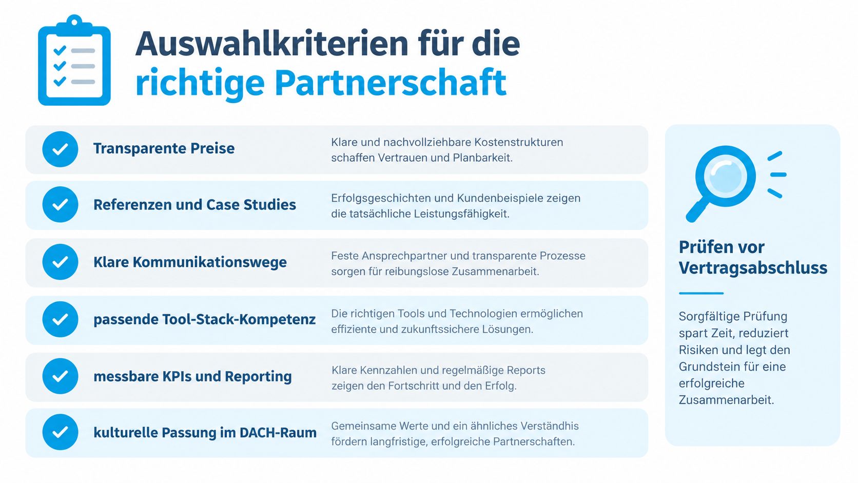 Eine Infografik zur Auswahl von Geschäftspartnern mit Kriterien wie Preis, Kommunikation, Kompetenz und kultureller Passung.