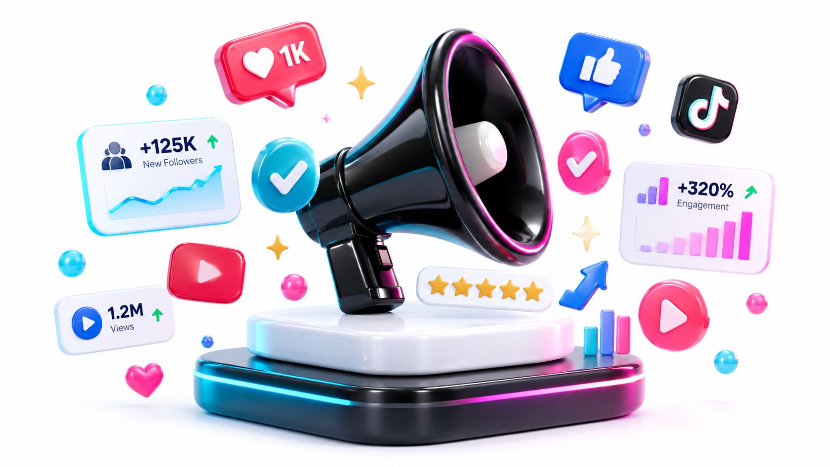 Ein schwarzes Megafon umgeben von verschiedenen digitalen Social-Media-Symbolen und Kennzahlen zur Steigerung der Online-Sichtbarkeit und Reichweite.