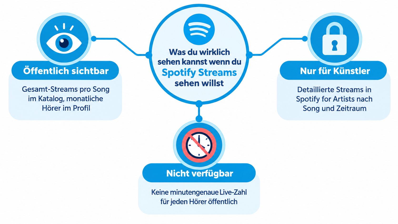 Eine Infografik, die zeigt, welche Spotify-Streaming-Daten öffentlich sichtbar, nur für Künstler zugänglich oder überhaupt nicht verfügbar sind.