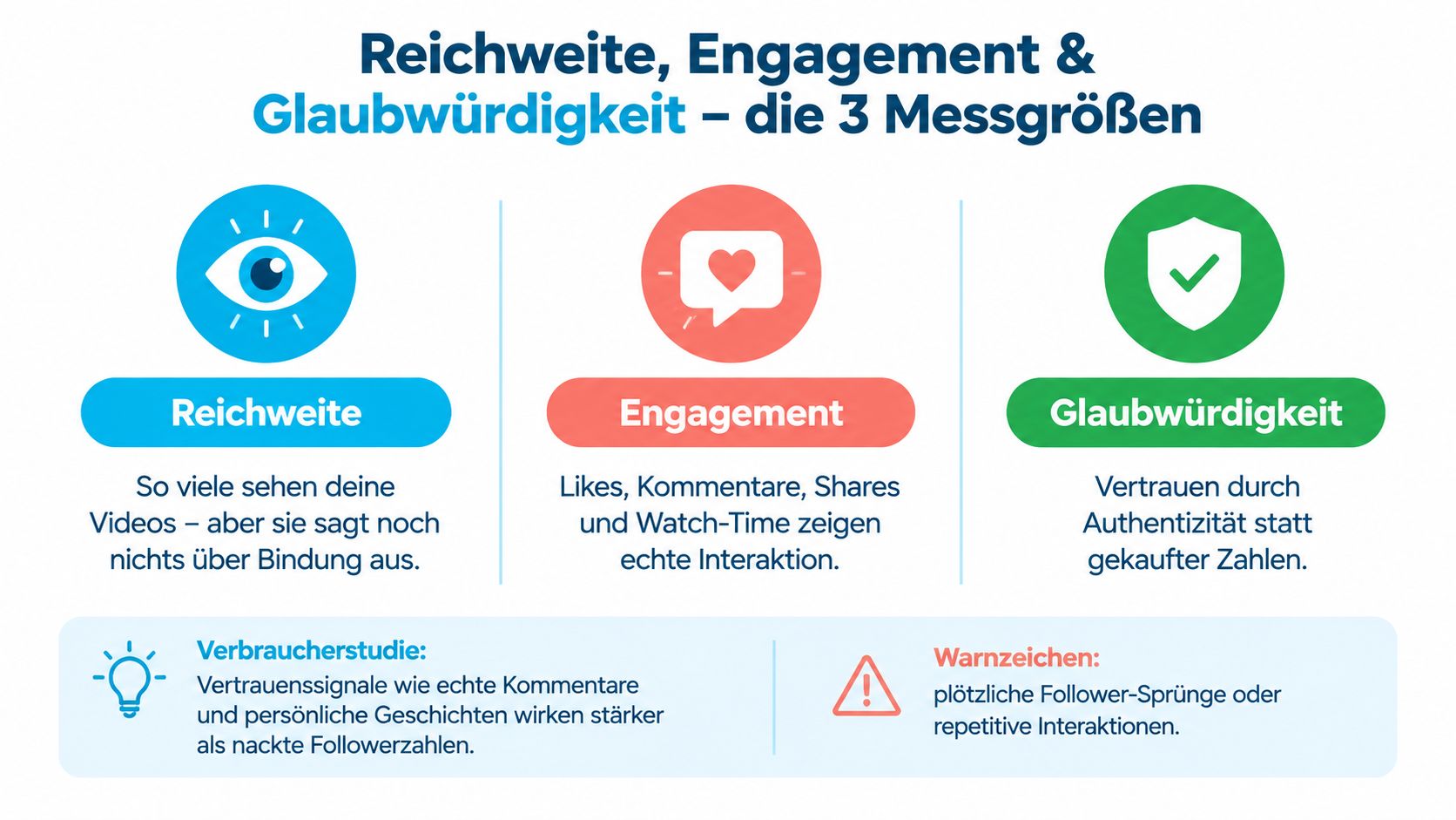 Infografik über die drei Messgrößen für sozialen Einfluss: Reichweite, Engagement und Glaubwürdigkeit im Bereich Social Media Marketing.