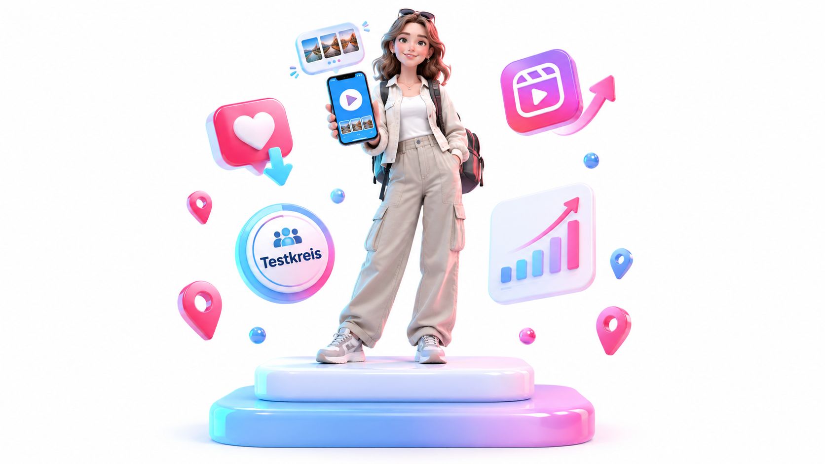 Eine 3D-animierte Frau mit Smartphone, umgeben von Social-Media-Symbolen wie Herz, Diagramm und Standortmarkierungen vor weißem Hintergrund.