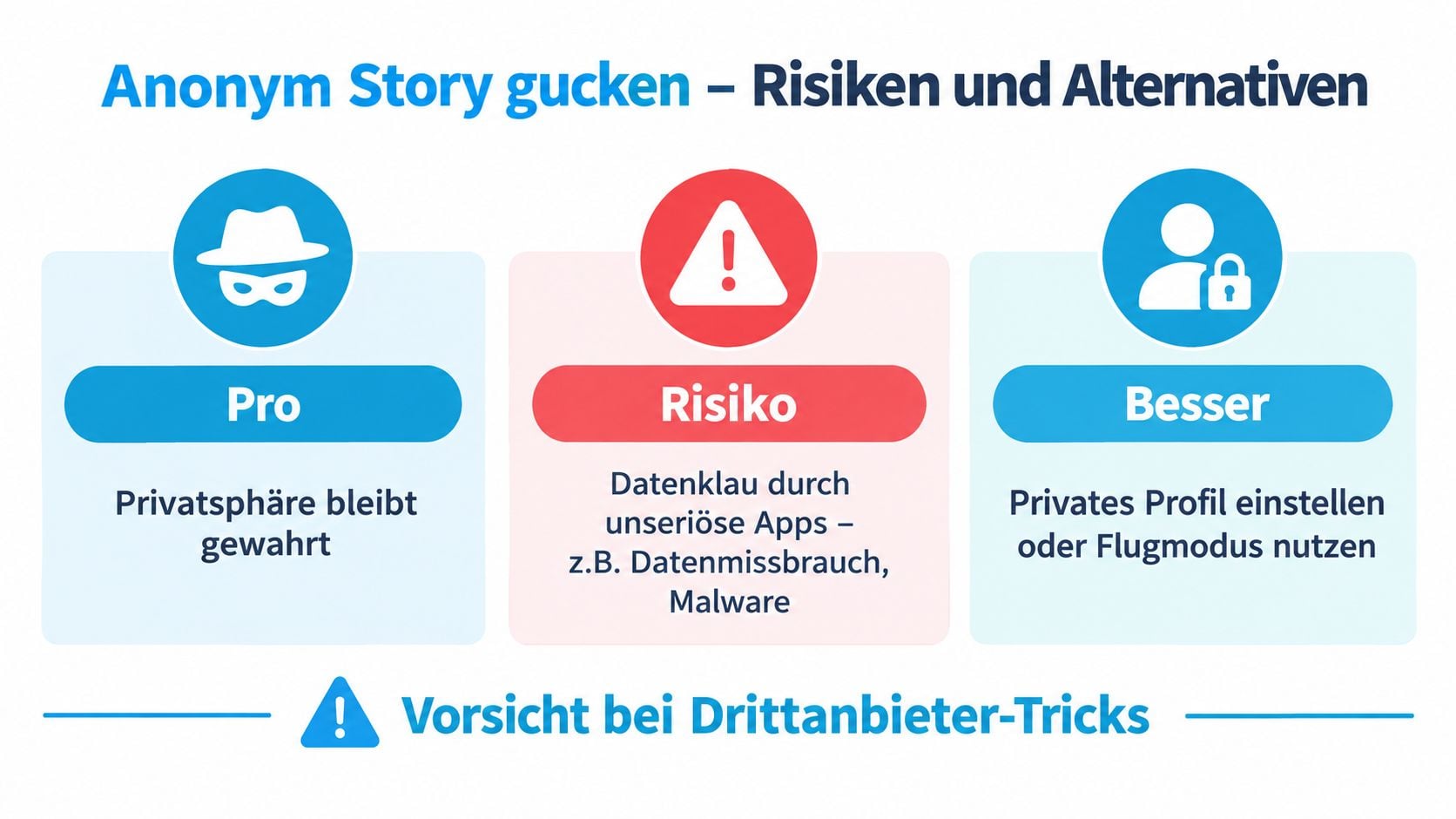 Infografik über die Risiken und Alternativen zum anonymen Ansehen von Instagram-Stories durch Drittanbieter-Apps.