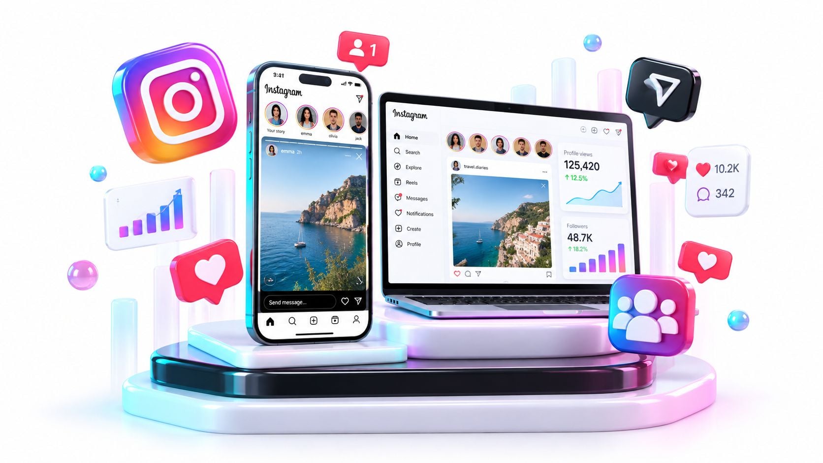Ein Smartphone und ein Laptop mit Instagram-Oberfläche umgeben von 3D-Symbolen für Social-Media-Interaktionen und Analysedaten.