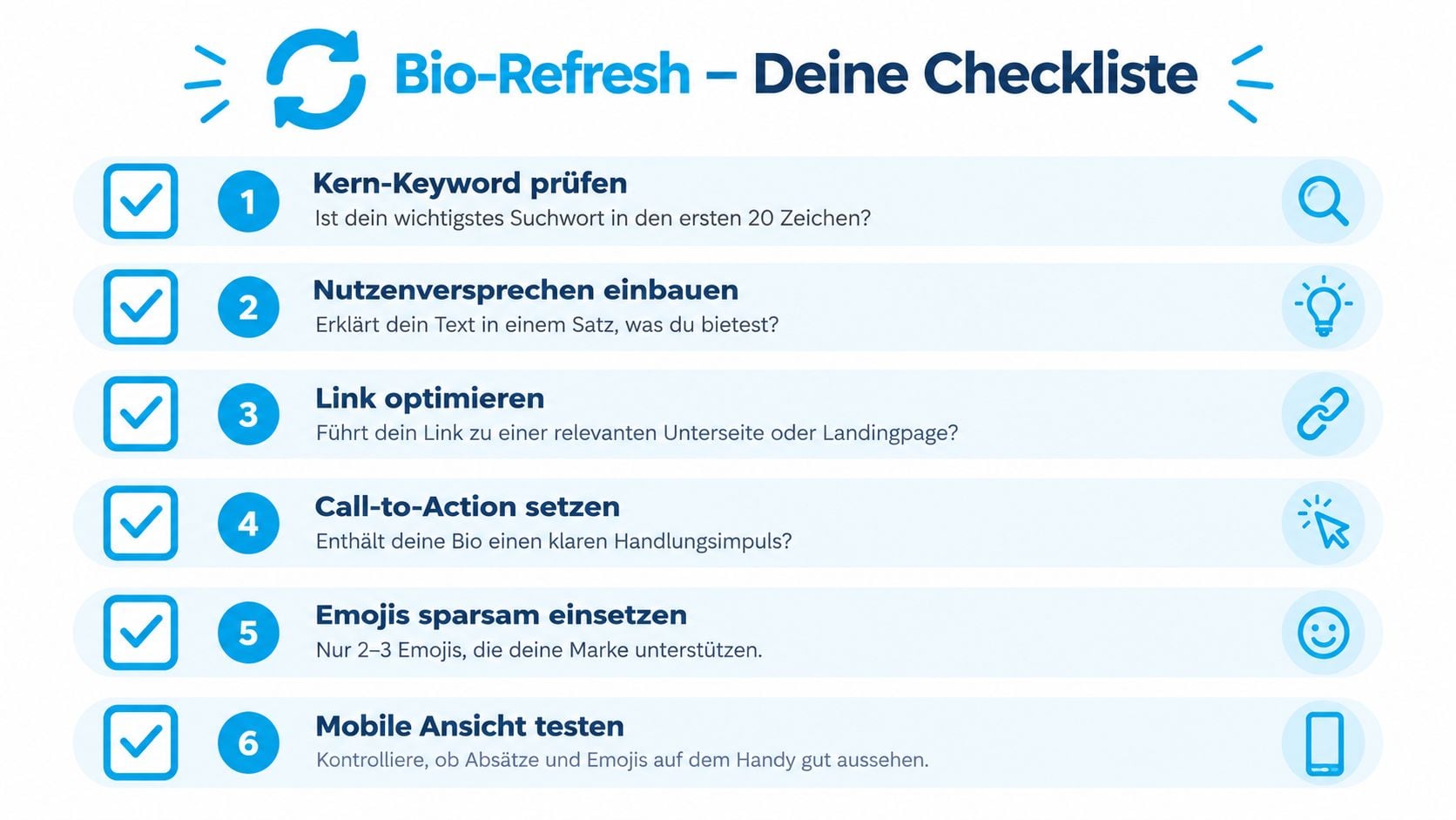 Eine strukturierte Checkliste für Instagram-Bios mit sechs hilfreichen Tipps zur Optimierung für mehr Reichweite und bessere Conversion.