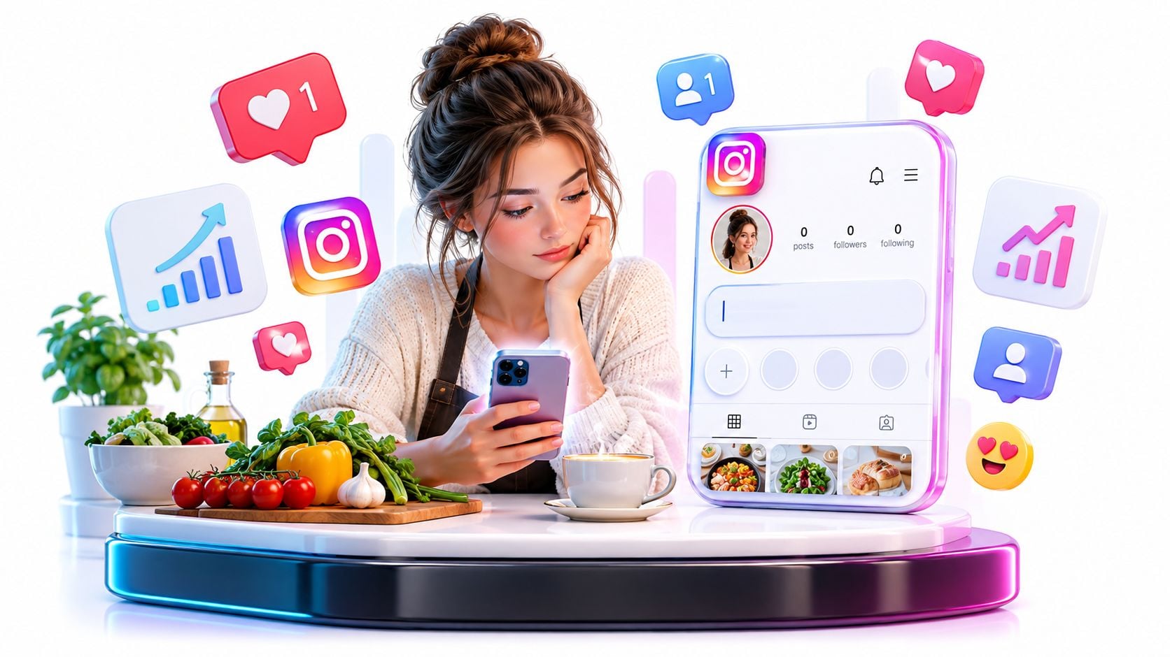 Eine junge Frau betrachtet nachdenklich ihr Smartphone vor einem stilisierten Instagram-Profil mit verschiedenen Social-Media-Symbolen und frischen Lebensmitteln.